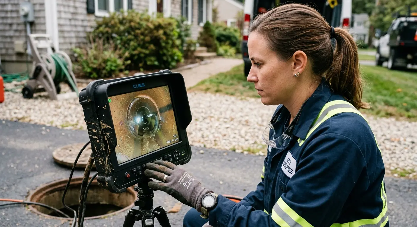 Technician reviewing sewer camera inspection footage in Dumas