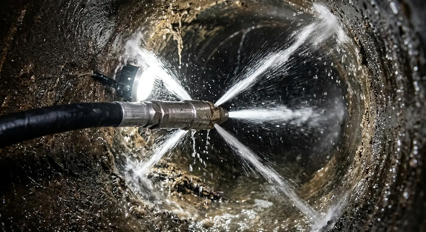 High-pressure hydro jetting nozzle cleaning sewer pipe for Trenchless Sewer Repair in Dumas