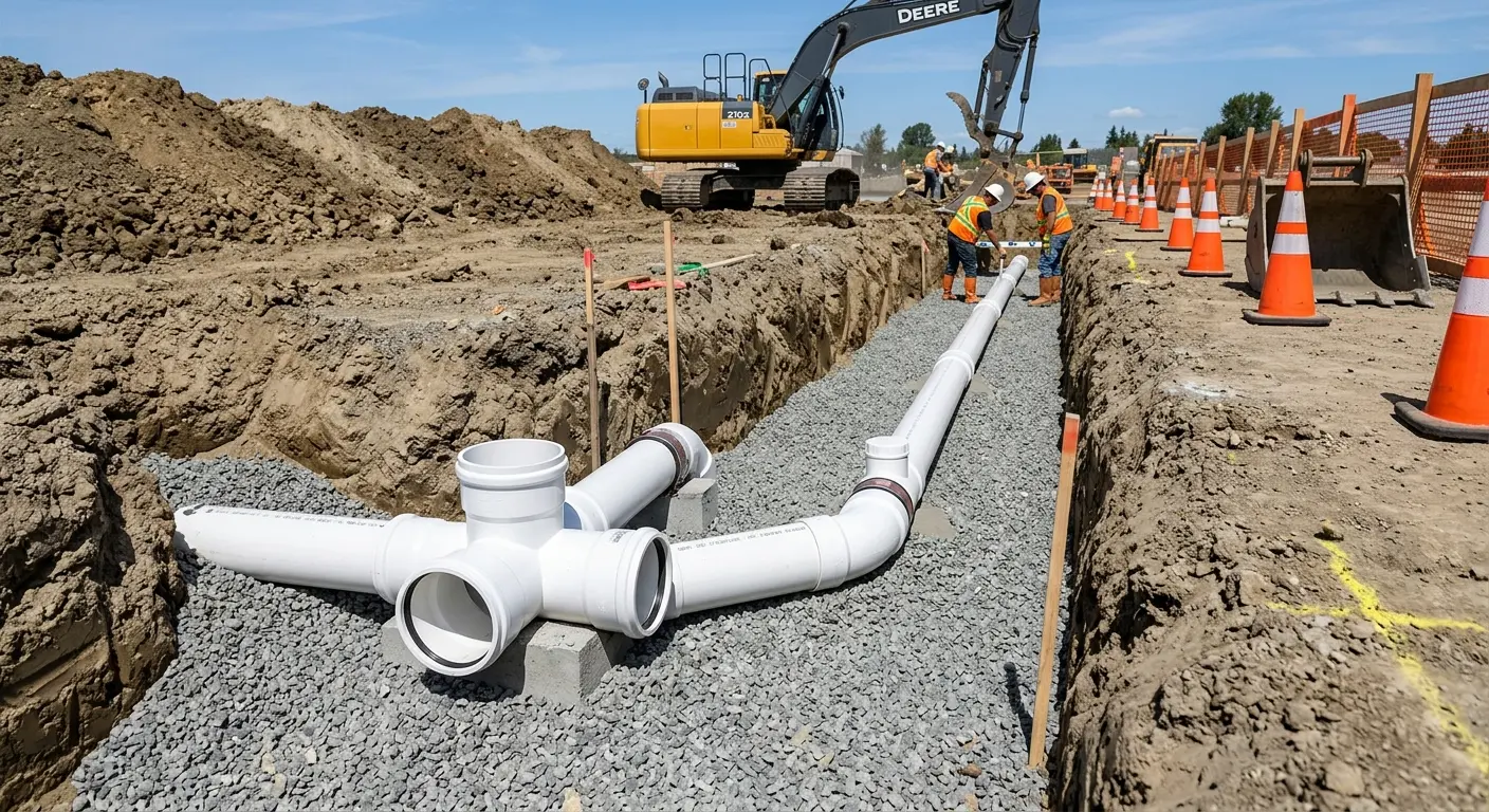 New PVC sewer pipe installation in open trench for Commercial Drain Cleaning in Dumas