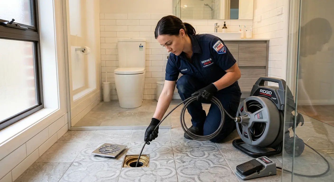 Technician clearing a bathroom floor drain for Sewer Line Replacement in Dumas